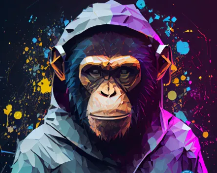 A monkey with a hoodie on and a paint splattered background