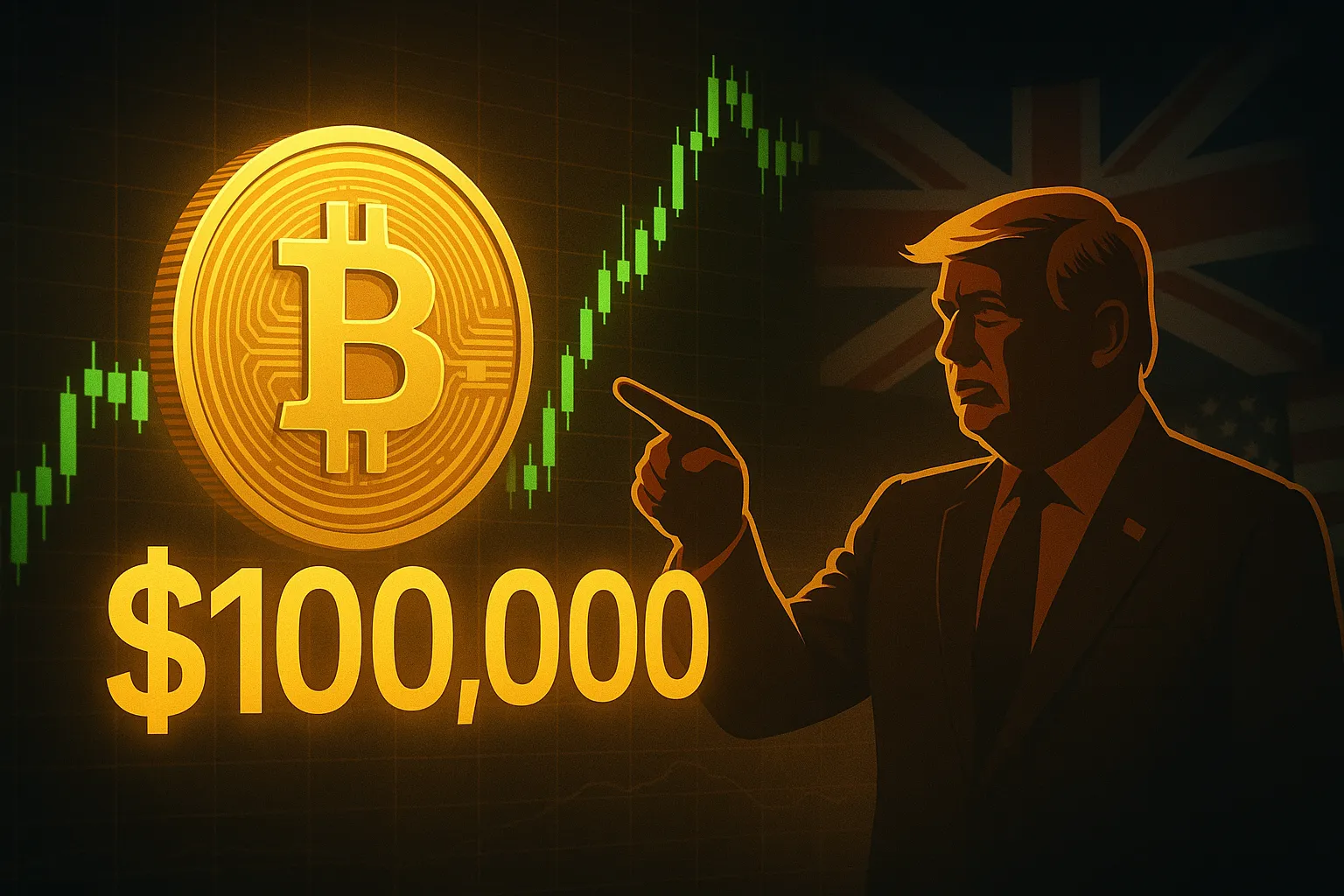 Bitcoin coin approaching $100,000 with Trump silhouette and UK-US flags in the background, set against a bullish stock chart.